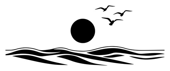 sunset over sea waves with birds in silhouette