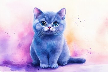 Cute blue kitten with big eyes sits against a pastel watercolor background in a charming, artistic illustration.