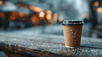 A warm coffee in a paper cup sits on a snow covered wooden table outdoors du a snowfall.