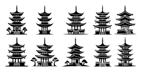 set of japanese pagoda temple silhouettes