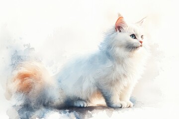A fluffy white cat with blue eyes and an orange-tinted tail sits gracefully on a light, watercolor background.