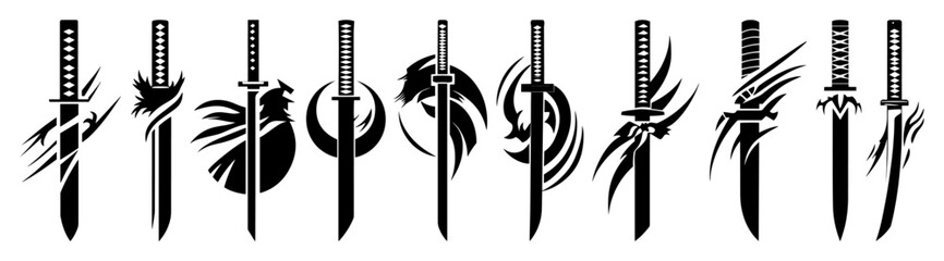 set of katana sword silhouettes with motion effects