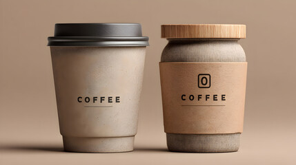 A stylish kraft paper coffee cup and jar mockup showcase minimalist ing design for a modern coffee shop.