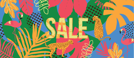 Tropical SALE banner with cheetahs, flamingos, and bold jungle leaves. Flat vector for summer ads and promotions