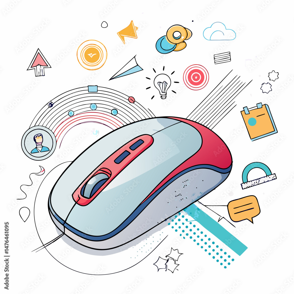 Poster create a bold, vector illustration of a computer mouse with a thick, black stroke. include details l