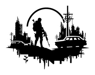 soldier with rifle in post-apocalyptic cityscape