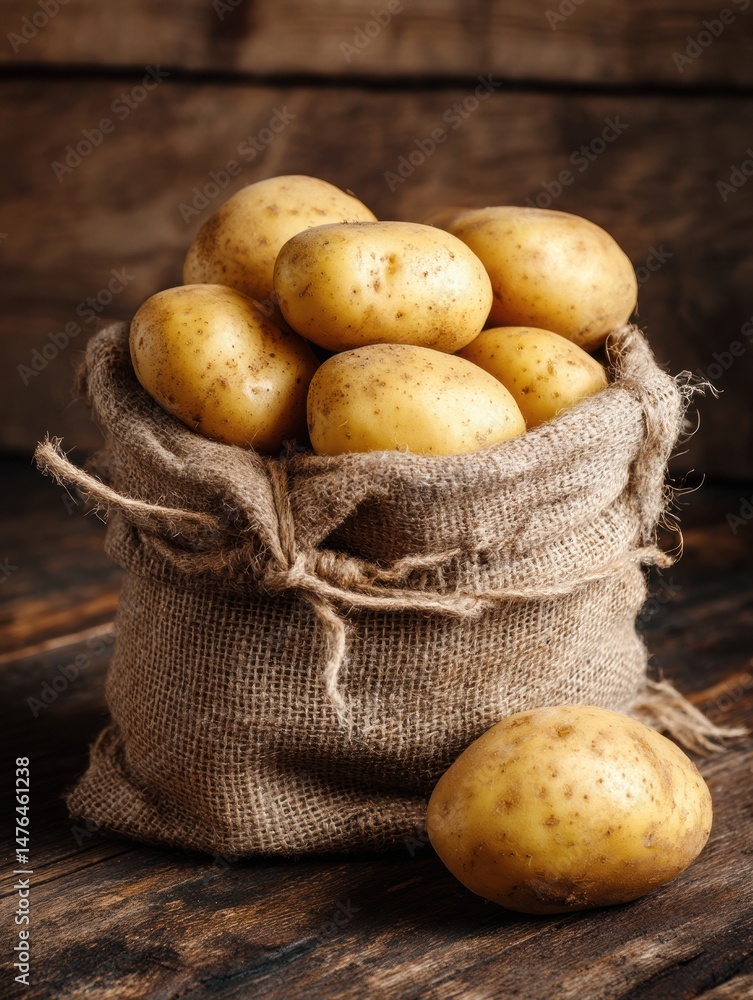 Poster Fresh Potatoes in a Burlap Sack on a Wooden Floor With Soft Light Illuminating the Natural Textures and Colors