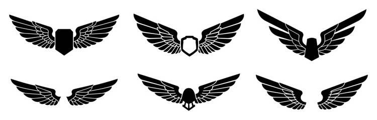set of winged emblems and shield icons silhouette vector shape © Camel