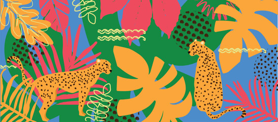 Cheetahs in tropical jungle with colorful flat leaves. Bold vector pattern for summer, nature, or fashion design