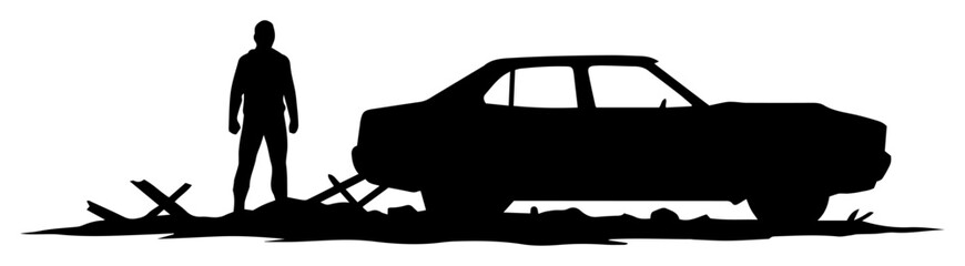 man standing near abandoned car with debris silhouette vector shape