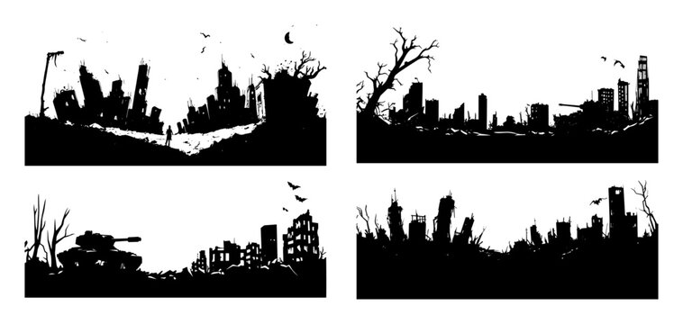 set of ruined cityscapes in post-apocalyptic style silhouette vector shape