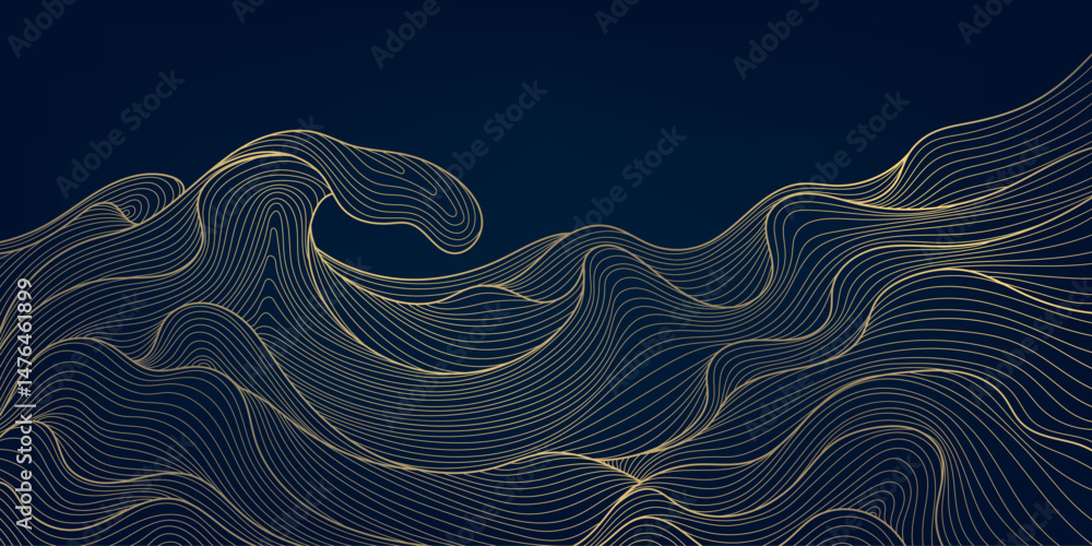 Fototapete Vector gold line abstract wave pattern, elegant flow luxury texture design, wavy element, Japanese style background. Curve premium shape.