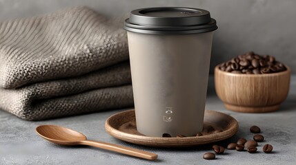 A cozy autumn scene featu a disposable coffee cup resting on a wooden coaster next to a bowl of coffee beans and a folded sweater.