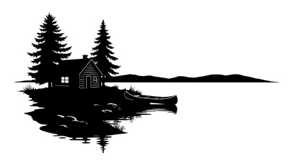 log cabin on lake with pine trees and reflection vector silhouette laser cutting engraving