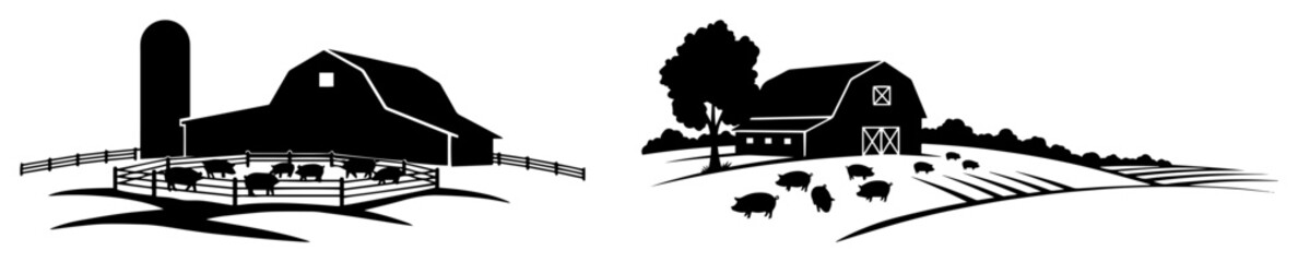 farm with barn silo and pasture landscape vector silhouette laser cutting engraving © Camel