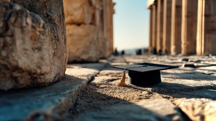 Fototapeta premium Graduation cap placed on ancient marble column at historic site with clear blue sky