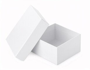 Open and closed white realistic cardboard box with paper and a sticker on a light background.