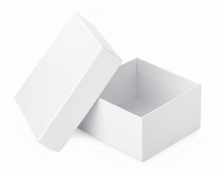 Open and closed white realistic cardboard box with paper and a sticker on a light background.