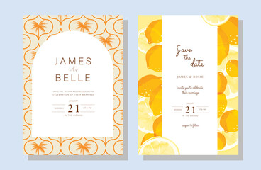 Fototapeta na wymiar Orange Italy summer invitation card vector. Italian poster with lemon, coconut tree pattern, summer element. Design for wedding card, greeting card, bridal shower, cover.