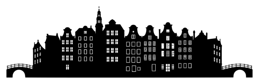 amsterdam city skyline with canal buildings vector silhouette