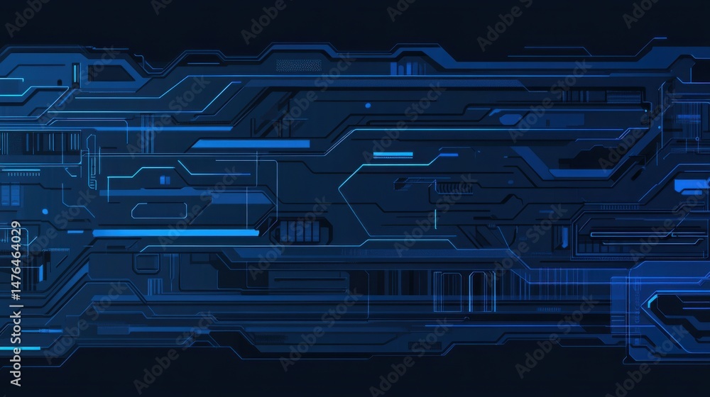Poster abstract futuristic technology background with blue glowing circuit lines and geometric shapes desig