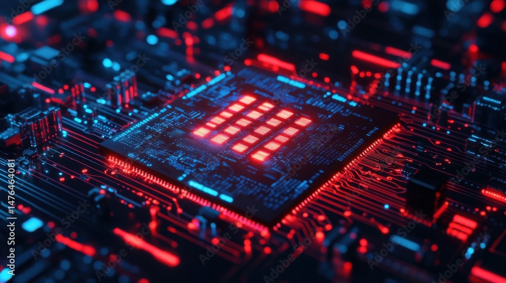 Poster close-up of futuristic circuit board with glowing red cpu in a cyberpunk style, high tech innovation