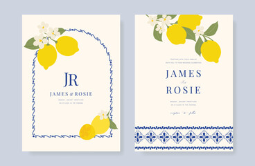 Fototapeta na wymiar Indigo Italy summer invitation card vector. Italian poster with lemon, Blue Mediterranean tiles pattern, summer element. Design for wedding card, greeting card, bridal shower, cover.