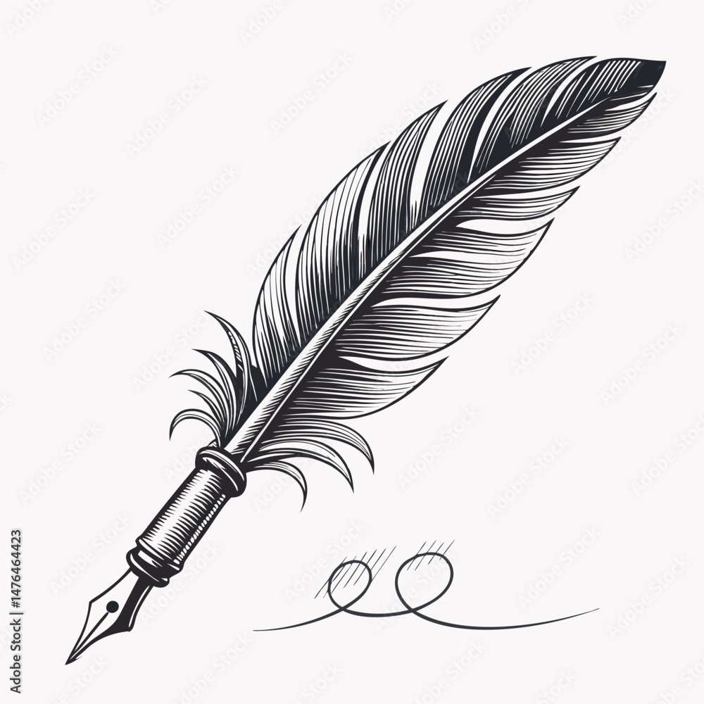 Poster create a bold, vector illustration of a feather quill pen with elegant, emphasized strokes. focus on