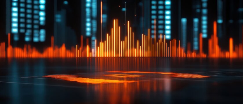 Abstract digital landscape with glowing orange bars and blue grid background, futuristic technology concept, low angle view, studio shot