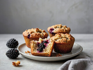 Golden-brown blackberry muffins on a white ceramic plate