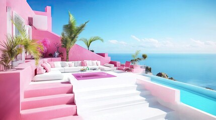 Fototapeta premium Stunning pink and white seaside terrace with infinity pool.