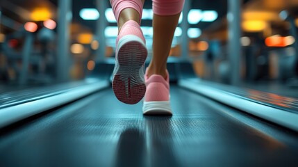 Close-up view of feet running on a treadmill.