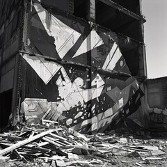 A black and white photo captures an abandoned building with striking graffiti art, emphasizing sharp angles and urban decay.