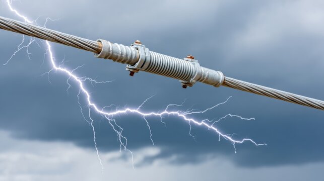 Metal cable with a tensioner, lightning strike in a stormy sky background, suggesting a lightning protection system.