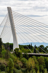 Modern cable-stayed Millennium Bridge in Podgorica, Montenegro, surrounded by lush greenery under a cloudy sky