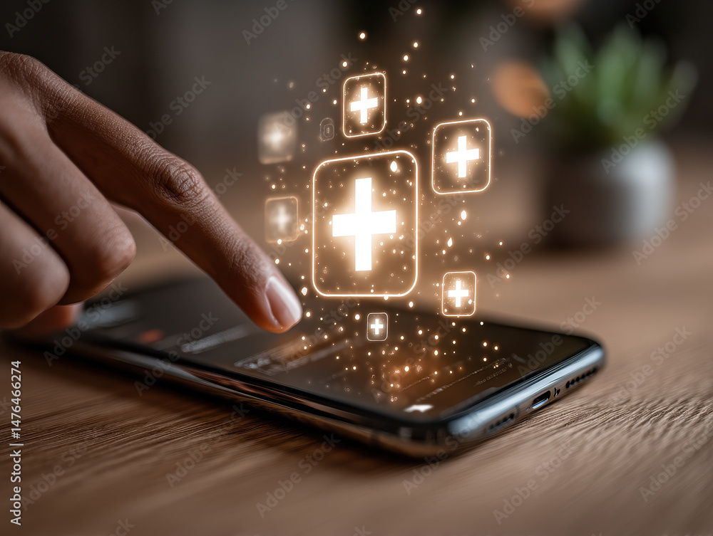 Poster close-up of a hand interacting with an insurance app on a glowing touch screen in a calm setting