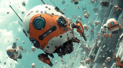 A swarm of tiny AI robots repairing a damaged spaceship exterior