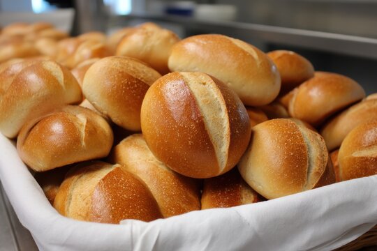 Freshly baked bread rolls, piled high in a white cloth-lined basket, ready to be served.