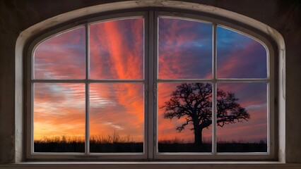 Fototapeta premium Dramatic Sunset Through an Old Window with Tree Silhouette