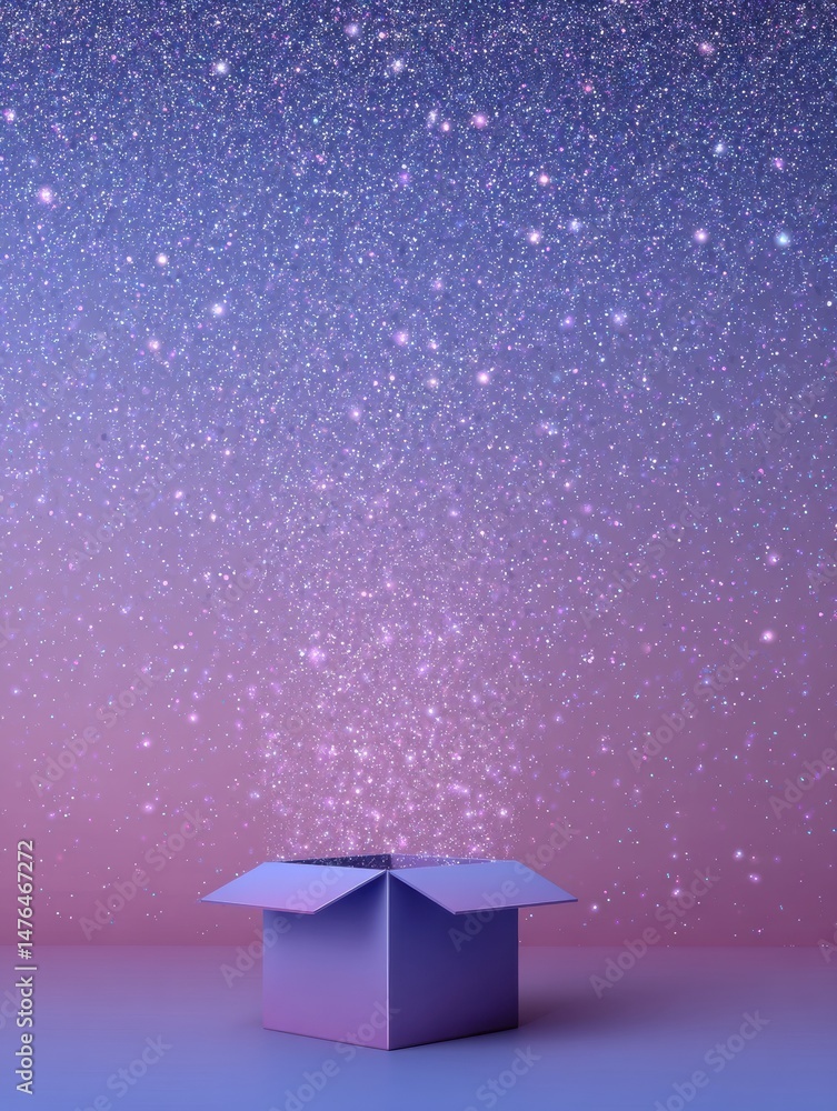 Poster surprise box emits sparkling 3d effects against gradient purple and pink backdrop in a whimsical atm