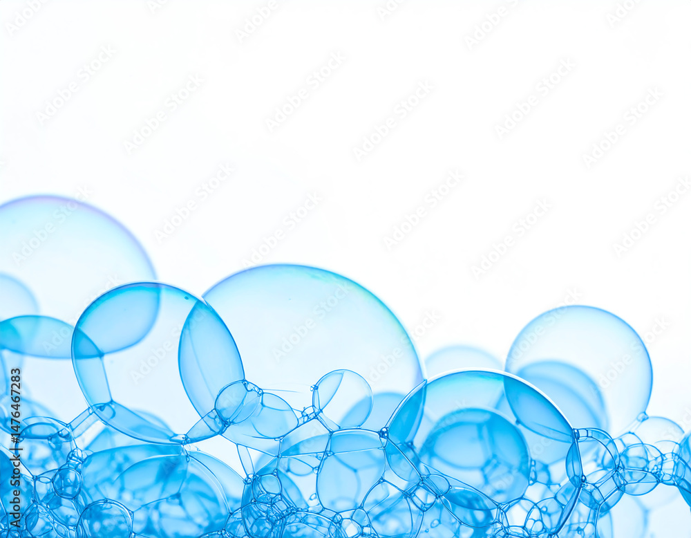 Poster translucent blue bubbles float against a white background, creating a serene and calming visual effe