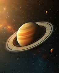 Fototapeta premium Saturn planet with rings and moons in deep space cosmic landscape view from orbit showing gas giant