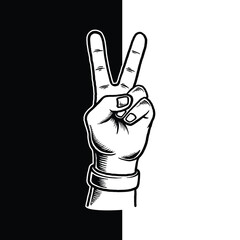 Peace Hand Sign Vintage Illustration, Black and White Victory Gesture Line Art