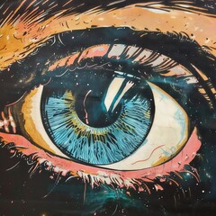 A striking blue iris patterned with lighter and darker shades, set against a galaxy backdrop, evoking introspection and the vastness of the universe.