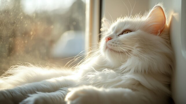 Beautiful white long-haired cat basking in sunlight near window showing relaxed peaceful expression and fluffy fur with warm golden backlit glow in cozy home setting