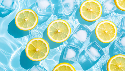 floating ice and fruits lemon in water with refreshing summer concept