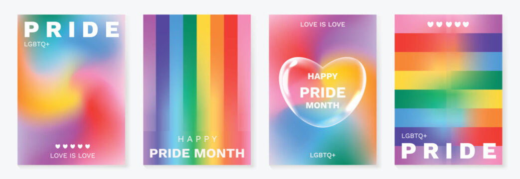 Happy Pride month poster background vector set. LGBTQ community symbol with rainbow, pride flag, heart. Design for celebration, bisexual, transgender, gender equality, rights, ads.