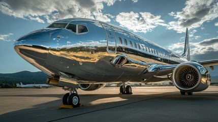 Obraz premium Modern sleek shiny commercial airplane parked on runway du daytime with clouds and mountains in background for travel transportation and aviation themes