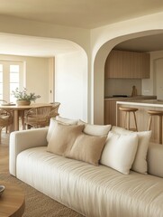 Fototapeta premium Interior of modern living room with sofa and kitchen in neutral tones daytime eye level