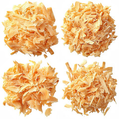 Four Piles of Light Orange Wood Shavings Isolated on Transparent Background for Crafting and Woodworking Projects